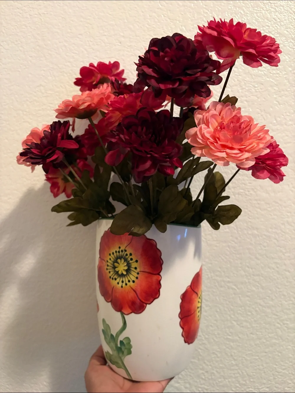 Hand-Painted Floral Ceramic Vase with Pink and Red Blooms